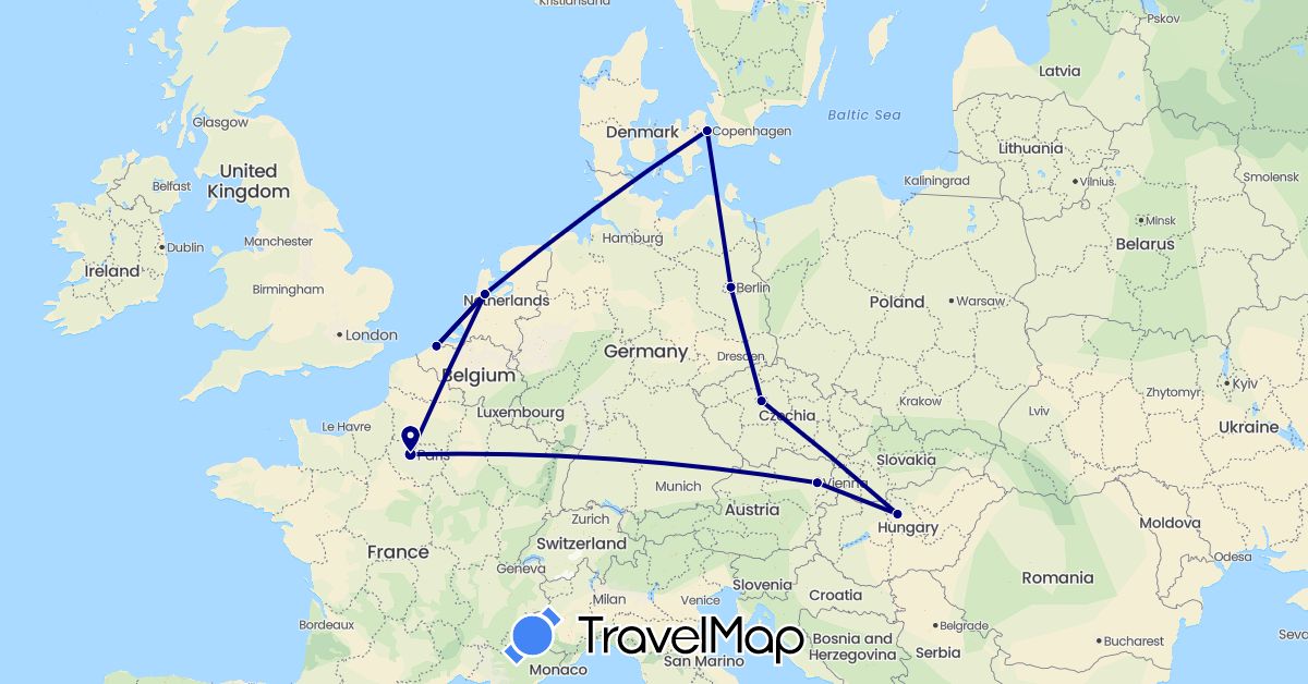 TravelMap itinerary: driving in Austria, Belgium, Czech Republic, Germany, Denmark, France, Hungary, Netherlands (Europe)